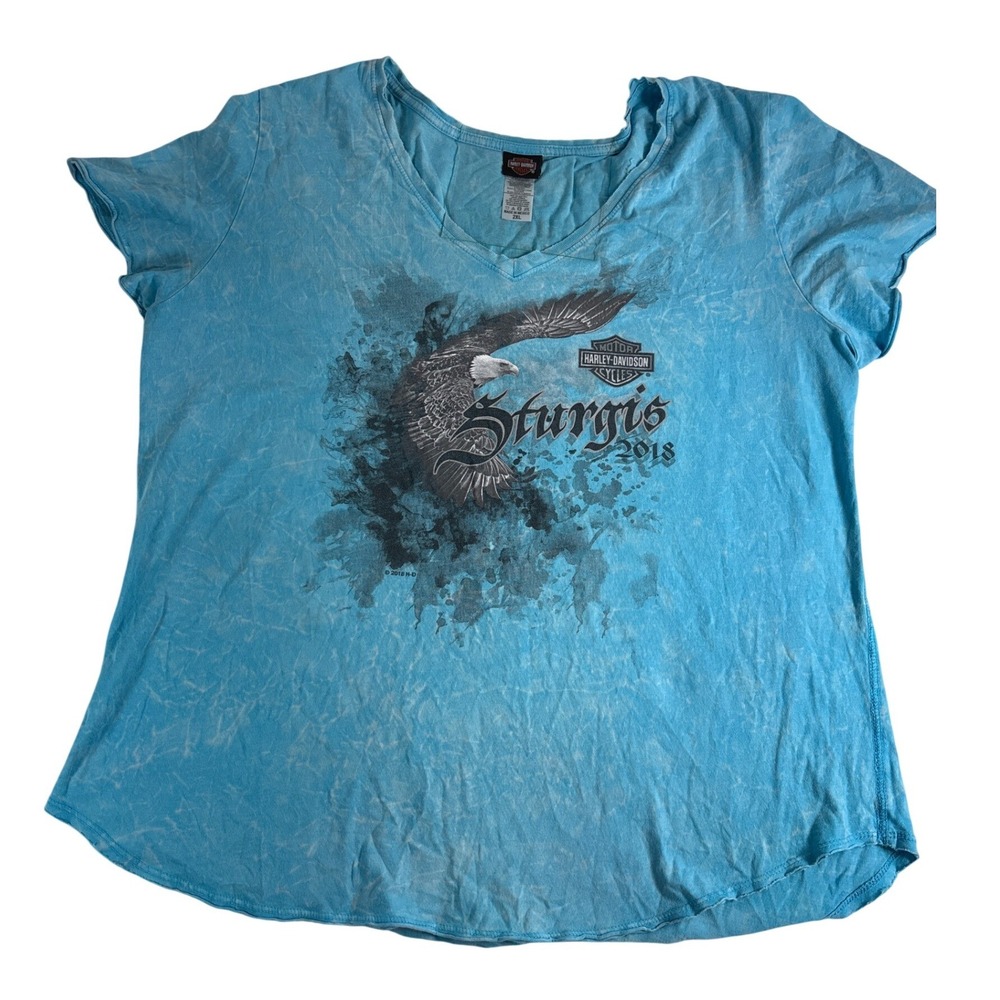 Harley Davidson 2018 Sturgis Black Hills Rally Eagle V-Neck Shirt Blue Acid 2XL